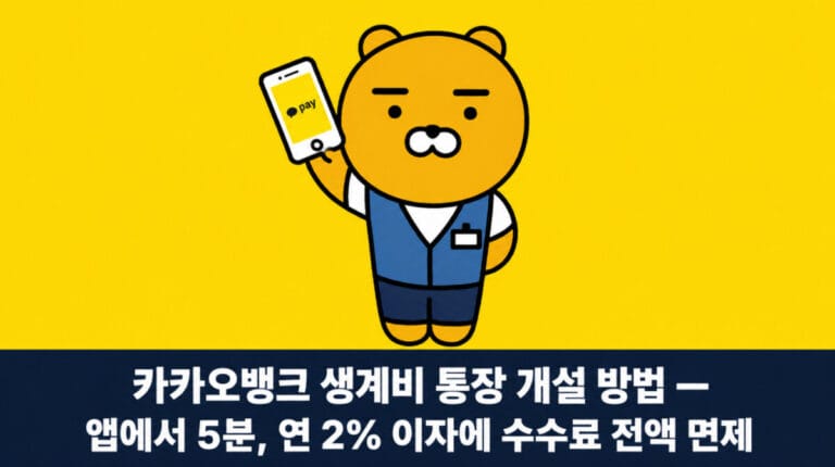 카카오뱅크 생계비 통장 개설 방법. 앱에서 5분, 연 2% 이자에 수수료 전액 면제