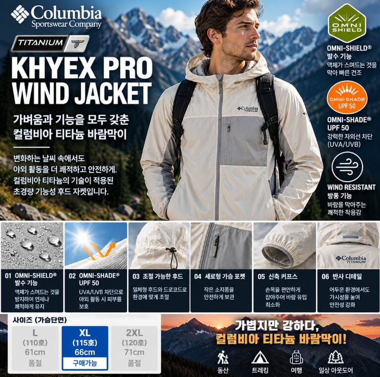 컬럼비아 남성 115호 초경량 바람막이 ST14WX6 – UPF50 발수·방풍 후드 자켓
